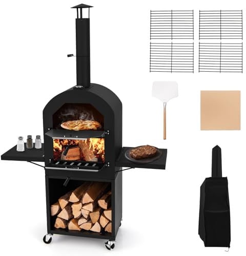 TANGZON Outdoor Pizza Oven, Wood-fired Pizza Maker with Waterproof Cover, Built-in Thermometer, Patio Cooking Grill for Camping Backyard BBQ (with Side Storage Shelves, 116 x 44 x 170 cm)