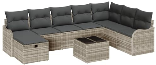 vidaXL Garten-Sofa-Set mit Kissen 9 pcs Hellgrau Poly Rattan, Verstellbares Modulares Sofaset, Robuste Rattanliege, Zeitgenössische Gartensitze, Gemütliche Möbel für draußen