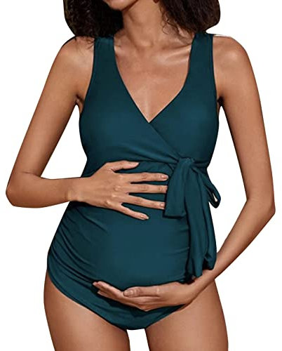 Chnnamzu Maillots Une Pièce Maternité,Maillot De Bain Femme Enceinte 1 Pieces Col en V Maillot De Bain Enceintes Bretelles Réglables Bikini avec Coussin De Poitrine Froncé Vetement De Plage