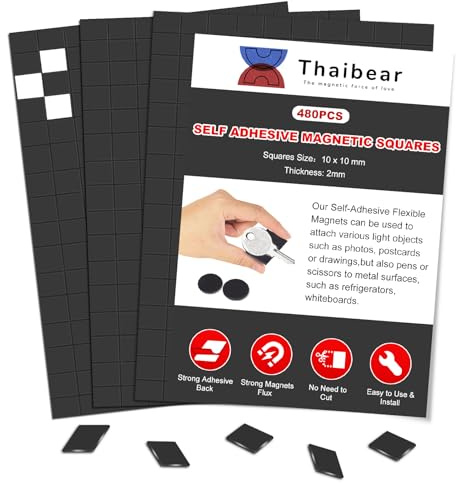 Thaibear 480PCs Magnetic Square, Self Adhesive Magnet Dots, Flexible Sticky Magnetic Tape - Easy Peel and Stick Magnetic Strips with Adhesive, Small magnets Stickers for Crafts, Fridge, DIY