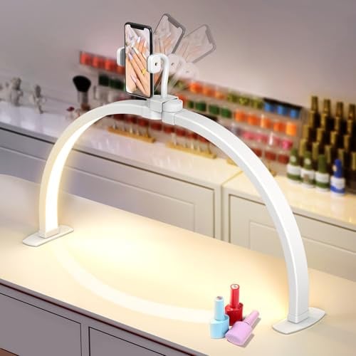Adonafy Desktop Halbmondlampe für Nägel: 23 LED Halbmond Wimpern Lampe mit Telefonhalter - 3 Farbmodi Und 10 Helligkeitsstufen Einstellbar Halbmondlicht für Nagelstudio Handwerk (Weiß, Klein)