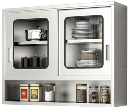 HJZALMI Küchen-Hängeschrank Aus Edelstahl, Wandschrank Mit Schiebetüren, Schwebendes Allzweckregal Für Bad, Garage, Büro, Lager(Silver-A,120x70x35cm)