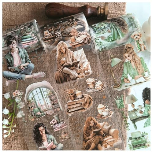 3 Rolls Scrapbooking Stickers Set,Mädchen Themed Washi Tape PET Aufkleber,Ta Merry Scrapbook Zubehör Set Ästhetische Dekoration für bullet journal sticker,Journaling Zubehör (Lesezeit 1)