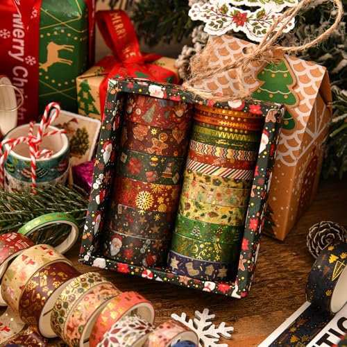 Cosiesnest 21 Rollen Weihnachts Washi Tape Set Multi-Size Goldfolie dekorative Weihnachtsbaum Schneemann Weihnachten Klebeband für Geschenkverpackungen, DIY Handwerk (Farbe A)