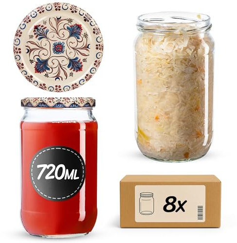 KADAX 8er Set Einmachgläser 720ml TO82, Große Sturzgläser mit Schraubdeckel, Einkochgläser Fermentierglas für Gurken, Gemüse, Sauerteig (Beige/Blau)