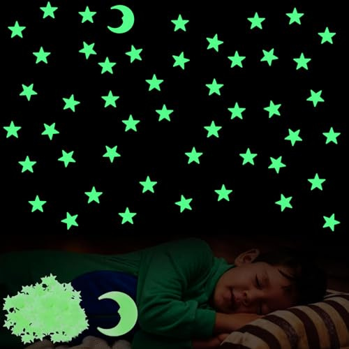 VIDSTW 200 Stück Leuchtsterne Kinderzimmer Leuchtsterne Selbstklebend | Inklusive 1 Mondaufkleber 9CM Leuchtende Sterne für Kinderzimmer Sterne Leuchtend Selbstklebend für Halloween Weihnachten