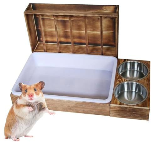 Bunny Hay Feeder with Litter Box - Multifunctional Wooden Hay Rack with 2 Feeding Bowls for Small Animals, Anti- Food Storage and Toilet Combo for Hamster Guinea Pig, Natural Wood