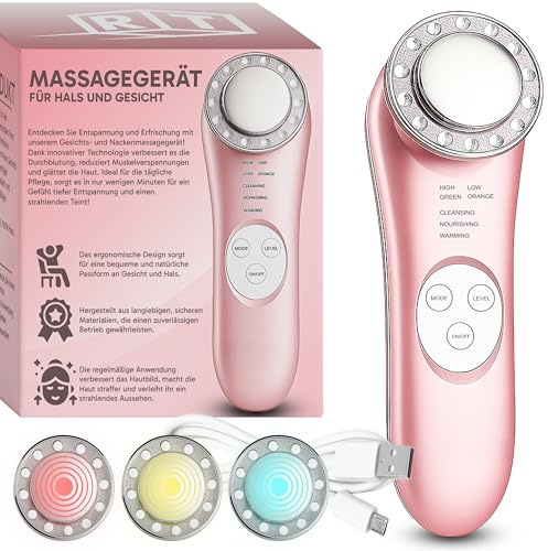 Retoo Gesichtsmassagegerät, 3 Modi, Wärme, Vibration, LED-Licht, Rosa | USB-Ladung, 500 mAh Akku, 3 h Ladezeit, 5 V, 1 A, 2,5 W, kompakte Maße 4,5 x 14,5 x 3,5 cm