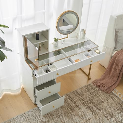 Zenithz LED Schminktisch mit Glasplatte & Goldrand, 120 cm Breite, weiß – 3-Farben Beleuchtung, Flexibler Seitenschrank (Links/rechts), Kippsicher