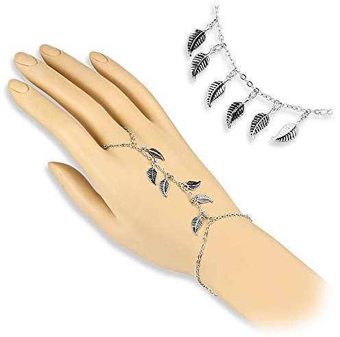 Bungsa Handkette silber mit Blätter Charms für Damen (Armband Fingerring Fingerkette Handschmuck Slave- Kette Leaf)