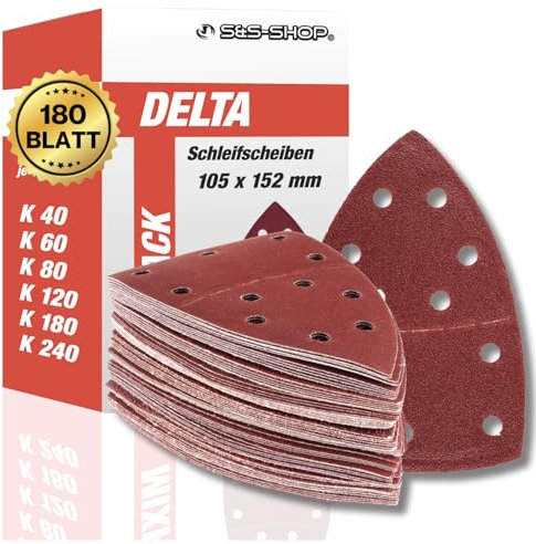 Klett Prio-Schleifdreiecke Mix, 180 Blätter, 105x152 mm, 11-Loch, 30x Korn 40/60/80/120/180/240, für Multischleifer, Schleifscheiben-Set, für Deltaschleifer und Multimaster