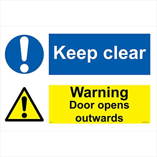 MU136 Multiple Sign Keep Clear Warning Door Opens OUTWARDS 150mm x 100mm .Sticker/SAV - White Background
