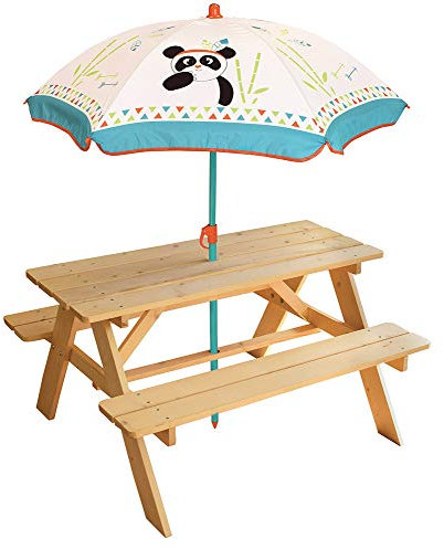 Fun House | Table Pique-Nique en Bois avec Parasol Panda Blanc pour Enfant | H53 x L95 x P75 Cm | Parasol Ø100 Cm | Mobilier Extérieur Ludique | Idée Cadeau Plein Air Enfant Dès 3 Ans