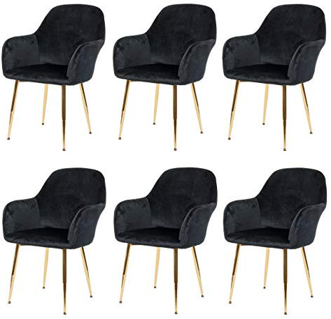 Mendler 6er-Set Esszimmerstuhl HWC-F18, Stuhl Küchenstuhl, Retro Design - Samt schwarz, goldene Beine