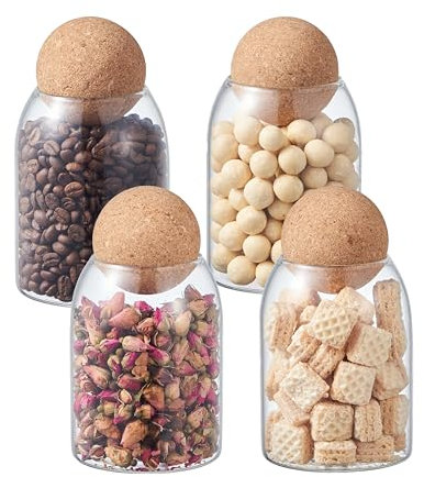 Clear Glass Kitchen Storage Jar with Cork Ball | Mason Food Canister Jar with Spherical Cork Lid | BPA-Free Pantry Organiser (Set of 4, 0.5L)