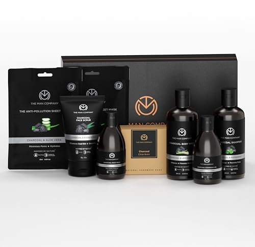 The Man Company Ultimate Charcoal Detan Kit With Elegant Gift Box, Charcoal Body Wash, Shampoo, Face Scrub, Face Wash, Soap, Sheet Mask*2, Cleansing Gel, Gift Set For Him 8 Count (Pack Of 1) White
