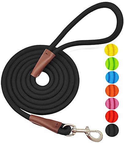 MayPaw 4/6/8/10 FT Dog Lead, Classic Solid Colours, Strong Nylon Rope Dog Lead Reinforced with Leather Tailor Connection Heavy Duty Silver Clasp (6ft*1/4, Black)