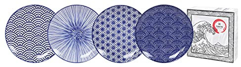 Tokyo Design Studio | Nippon Blue | LOT DE 4 ASSIETTES | En Porcelaine Asiatique | Dessins Géométriques | Coffret Cadeau (25,7 cm)