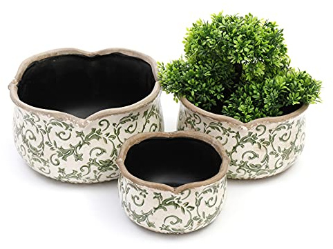 Annibells Vintage Green Cream Ceramic Round Floral Scalloped Planter Plant Flower Pot (Set of 3)
