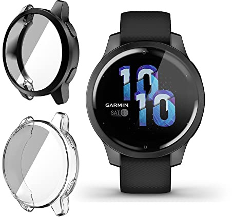 ToVioc TPU Hülle mit Schutzfolie für Garmin Venu 2S/Vivoactive 4S [2 Stück] | Anti-Kratzfest Vollschutz Shell, Flexible TPU Schutzhülle für Garmin Venu 2S/Vivoactive 4S - Schwarz & Transparent