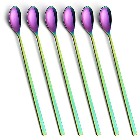 AOOSY 22.5cm Lot de 6 cuillères à café latte à long manche en acier inoxydable pour mélanger la crème glacée, le café glacé, le thé, le lait, la crème glacée (couleur arc-en-ciel)