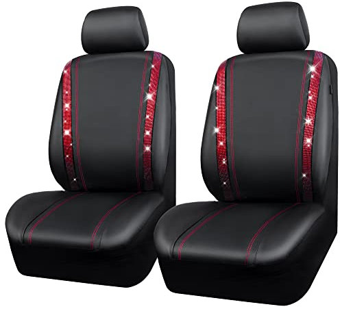 CAR PASS Wasserdicht Leder Autositzbezüge, Bling Diamant 2 Vordersitzbezüge, Glänzend Kristall Glitzernd, Universal für 95% Aller Automobile LKW SUV, Frauen Damen Mädchen(Vordersitze, Rot)