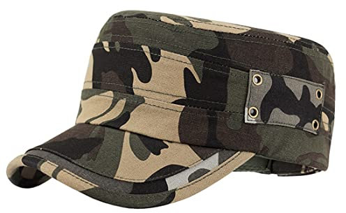 AXIAO Army Cap Herren Camouflage Military Baumwolle Flat Cap Verstellbare Baseball Cap Trucker Hut (Camouflage-Khaki), 56-60