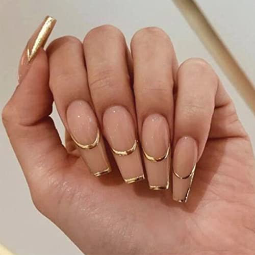 24 PCS Gold Foil Stripe Printed Ballet Press on Nails Acrylic Coffin Fake Nails for Ladies and Girls Party Salon