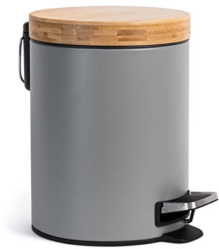 Kazai.® 5l Design Kosmetikeimer | Bad-Mülleimer mit Bambus-Holzdeckel und Absenkautomatik | Mit Anti-Fingerabdruck und Komfort-Pedale | Grau