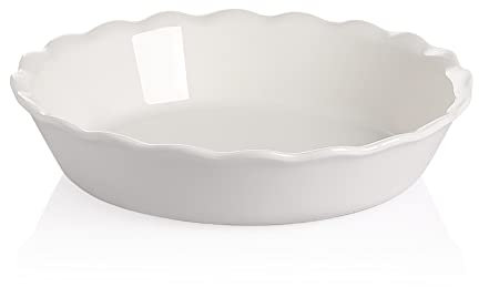 Sweejar Home Teglia rotonda in ceramica, 26 cm, con bordo ondulato morbido, per forno, piastra antiaderente per mele, zucca, torte in pentola (bianco)