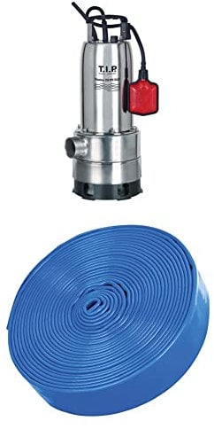 T.I.P. Schmutzwasser Tauchpumpe Maxima 350 IPX DUO mit ausziehbarem Pumpenfuß Edelstahl + T.I.P. Entwässerungsschlauch / Flachschlauch blau