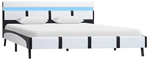 Gecheer Bettgestell mit LED Klassisch Stoffbett Ehebett Bett Doppelbett Bettgestell Bettrahmen Weiß Kunstleder 140×200 cm