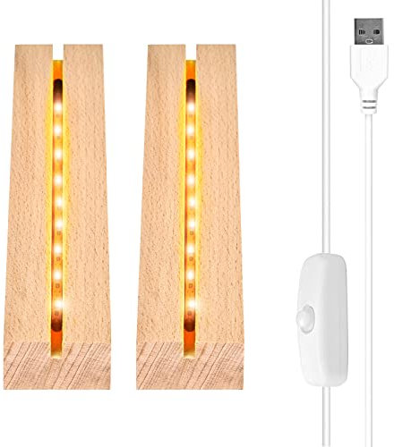 Vegena 2 Stück Led Sockel Holz, Led Display Basis, Led Lichtsockel USB, LED-Leuchten-Sockel Rechteckiger Beleuchteter Holzsockel für Acrylplatte, Kristallglasplatte (20cm Lang, Warmweiß)