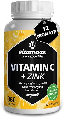 Vitamina C 1000 mg (1 Año), con Zinc y Bioflavonoides, 360 Comprimidos, 1 comprimido al día para el Sistema Inmunológico y Antioxidante, Vitamina C Pura y Vegana de Calidad Alemana. Vitamaze