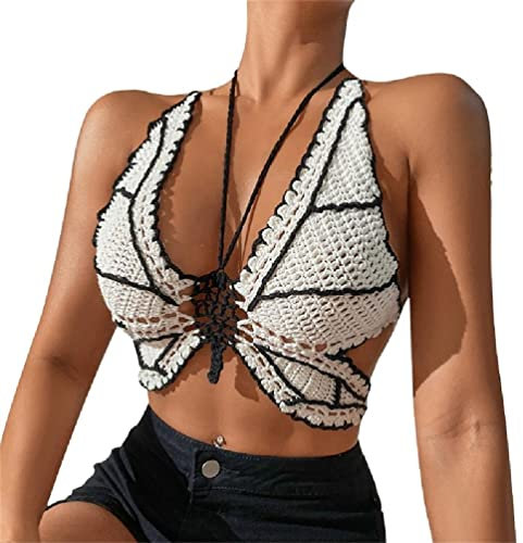 NRVTRE Frauen Neckholder Riemchen gebunden rückenfreie gestrickte Leibchen Schmetterlingsform häkeln sexy Bikinis BHS Crop Top Beachwear häkeln Bikini-Oberteile für Frauen