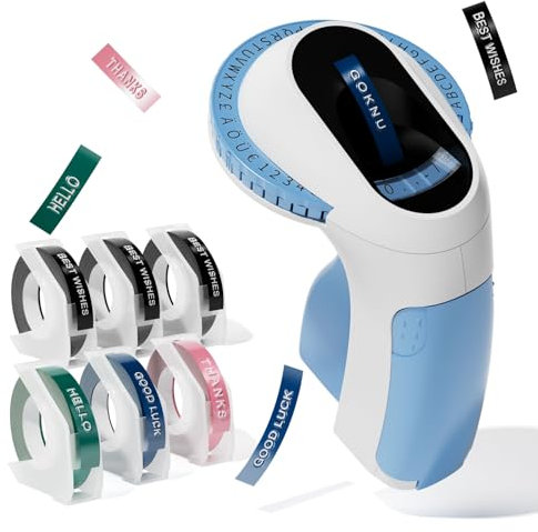 Goknu Embossing Label Maker Machine, E975 Vintage Embossed Label Maker with 6 Rolls Tapes 3/8(9mm), 3D Manual Retro Labelling Machine, Emboss Labeller for Kitchen Home, Office and Child DIY (Blue)