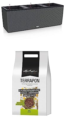 LECHUZA TRIO Cottage 30 Pflanzgefäß mit Erd-Bewässerungs-System, Granit, 100 x 32 x 34 cm + LECHUZA TERRAPON 12L freiem Pflanzsubstrat
