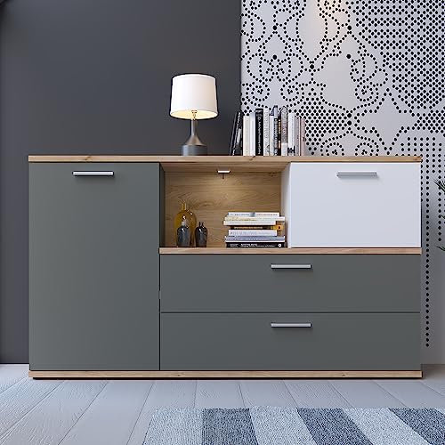 Lomadox Sideboard mit Beleuchtung in Eiche Nb. mit weiß und grau, B/H/T ca. 150/86/40 cm