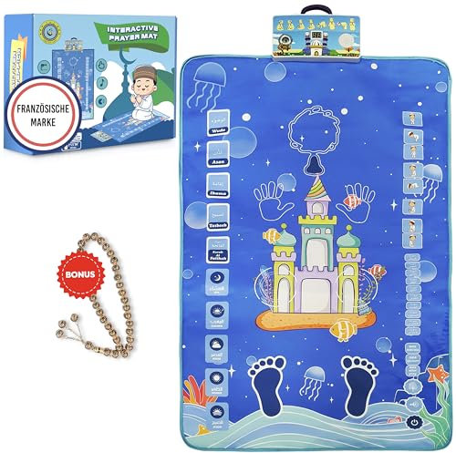 THE FRENCH WAY Gebetsteppich Elektronisch – Muslimischer Gebetsteppich für Kinder zum spielerischen Lernen der Gebete – Gebetskette für Tesbih Inklusive – Prayer Mat mit Rezitation von Koran Suren