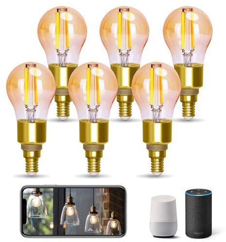 Aigostar Alexa Glühbirne E14, Smart LED Vintage Lampe, Smarte Glühbirne G45 Bernstein Globe, 4.5W 470LM, Warmweiß Dimmbar 2700K -6500K, Kompatibel mit Alexa und Google Home, 6 Stücke