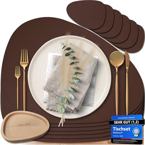 Mahewa® 6er Set Premium Tischset aus Kunstleder - Platzset abwaschbar und wasserdicht - Platzdeckchen Telleruntersetzer in Lederoptik (Walnuss, Oval mit Halter)