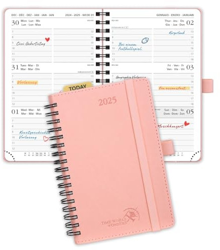 POPRUN Taschenkalender 2025 Klein Ringbuch mit Softcover, ca. A6 (16 x 10,5 cm) - Kalender 2025 Klein (Jan.2025-Dez.2025) - Terminplaner 1 Woche 2 Seite mit Plastiklineal - Rosa