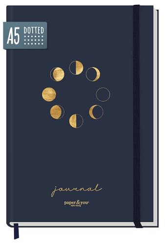 paper&you® Bullet Journal dotted A5 mit Gummiband Moon 156 Seiten, Notizbuch gepunktet, Tagebuch - nachhaltig & klimafreundlich
