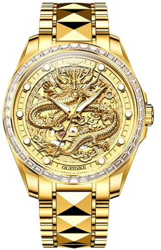 OUPINKE Drachenskelett Herren-Armbanduhr, luxuriöses Kleid, automatisch, selbstaufziehend, mechanisch, Saphirglas, Diamant, wasserdicht, leuchtendes Wolframstahlband, Uhren für Männer, Geschenk
