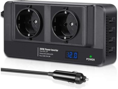 Convertidor Inversor Corriente Convertidor Automático CC De 12V A Ca De 220V Y 200W Cargador Carga Rápida USB Tipo C Adaptador Corriente Inversor Enchufe Europeo Inversor Corriente Coche(EU 220V)