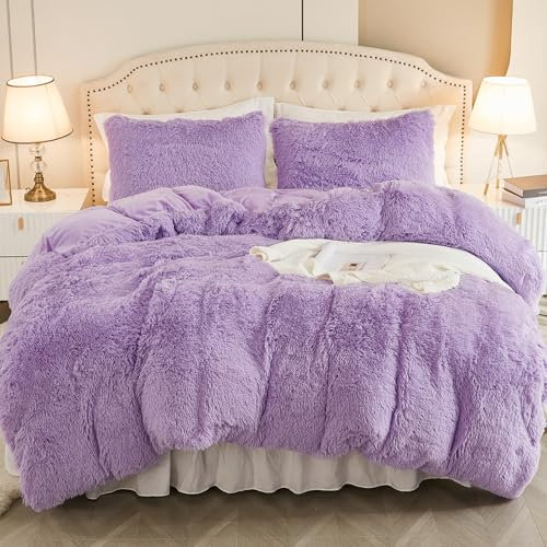EMME Plüsch Bettwäsche Set 200x200cm Biber Flauschige Bettdecke Set für Bett Shaggy und Plüsch weiche Bettwäsche Bettbezüge und 2 Kissenbezug 80x80cm, Lila