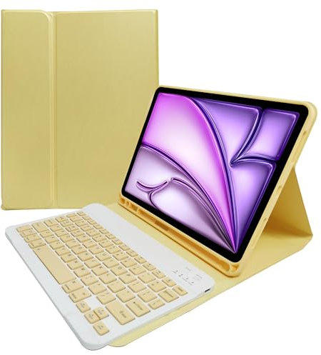 Étui avec Clavier pour iPad Air 11 M2 (2024), iPad Air 5Ème Gén (2022) / iPad Air 4Ème Gén 10,9 – Coque Arrière en TPU Souple avec Clavier Détachable Rétroéclairé 7 Couleurs,Jaune