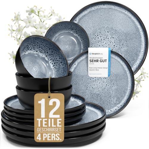 Steingut Geschirrset 4 Personen Ibiza 12 tlg. TESTSIEGER, Traumhaftes Mediterranes Steingut Geschirr Set, Schüssel- und Teller Set, Tafelservice 4 Personen, Geschirrsets Pure Living in Graublau