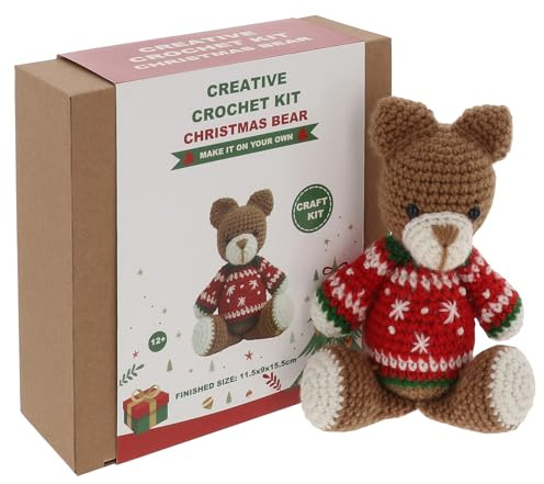 Shudehill Giftware Creative Crochet Kit for Adults – DIY Christmas Teddy Bear Craft Set, Perfect for Beginners, Includes All Materials & Instructions for a Fun, Easy Crochet Project