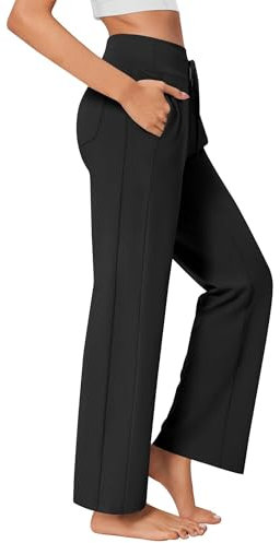 PINSPARK Damen Jogginghose UPF 50+ Freizeithose Lang Offenem Boden Yogahose Sporthose High Waist Geradem Bein Hose mit 4 Taschen und Elastischem Bund Schwarz L